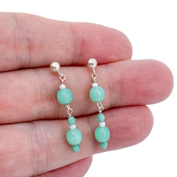 Vintage Sterling Silver 925 Green Glass Beaded Dangle Earrings - Picture 1 of 6